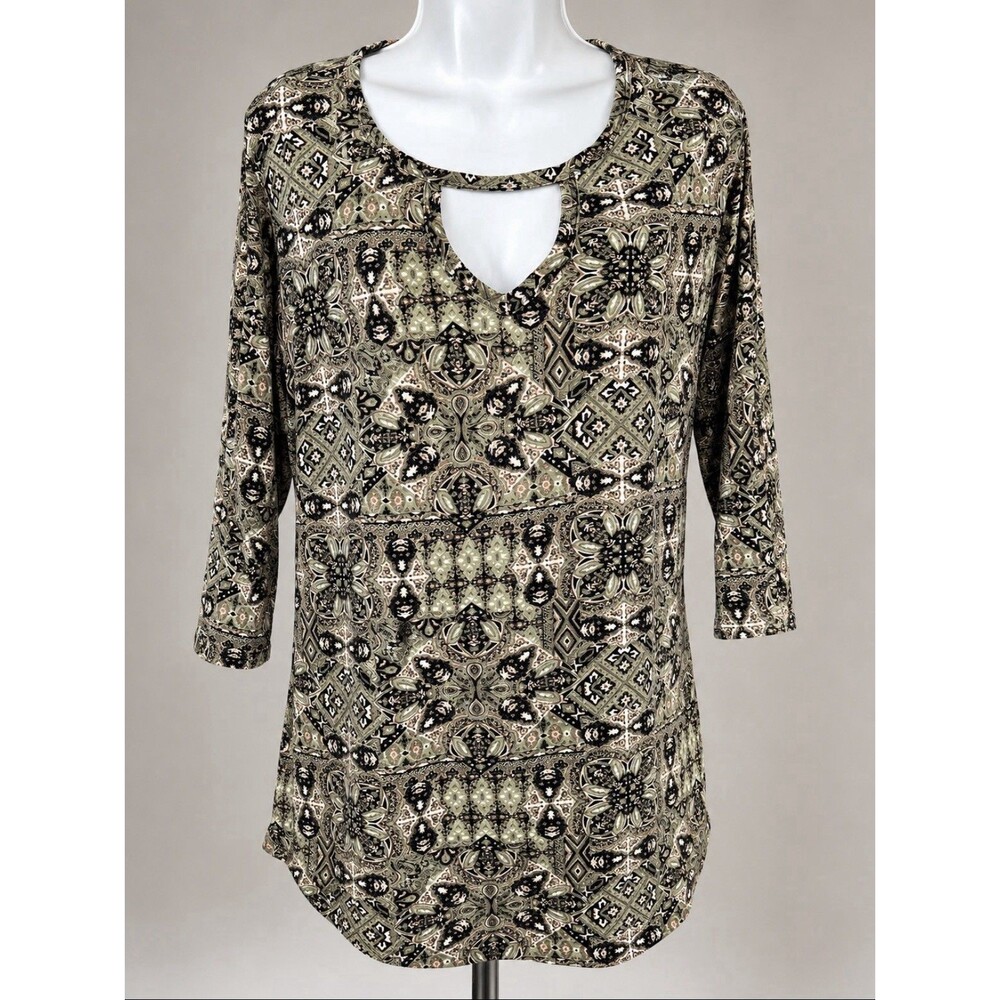 Bobbie Brooks Women L Paisley Boho Tunic Top Keyhole 3/4 Sleeve Stretch
